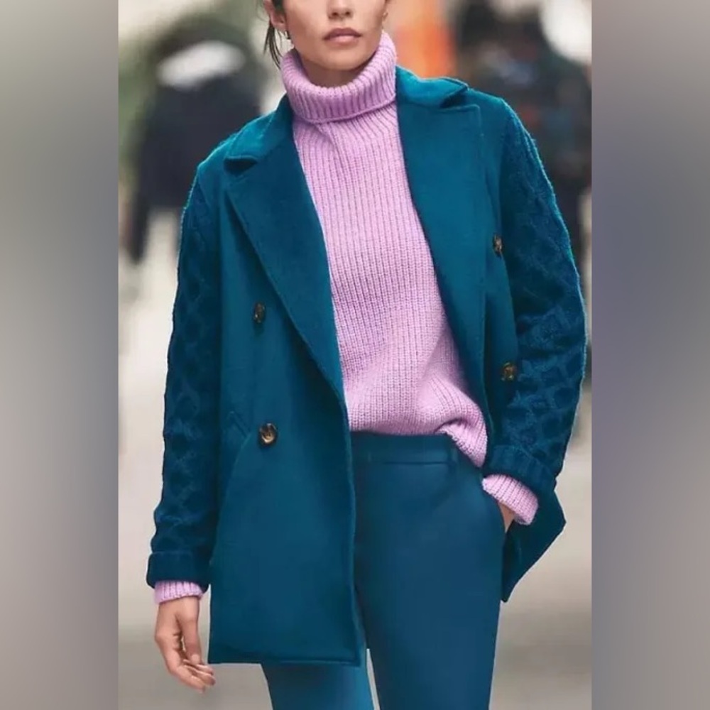 Teal Double-Breasted Mixed Media Wool Blend Cable Knit Pea Coat